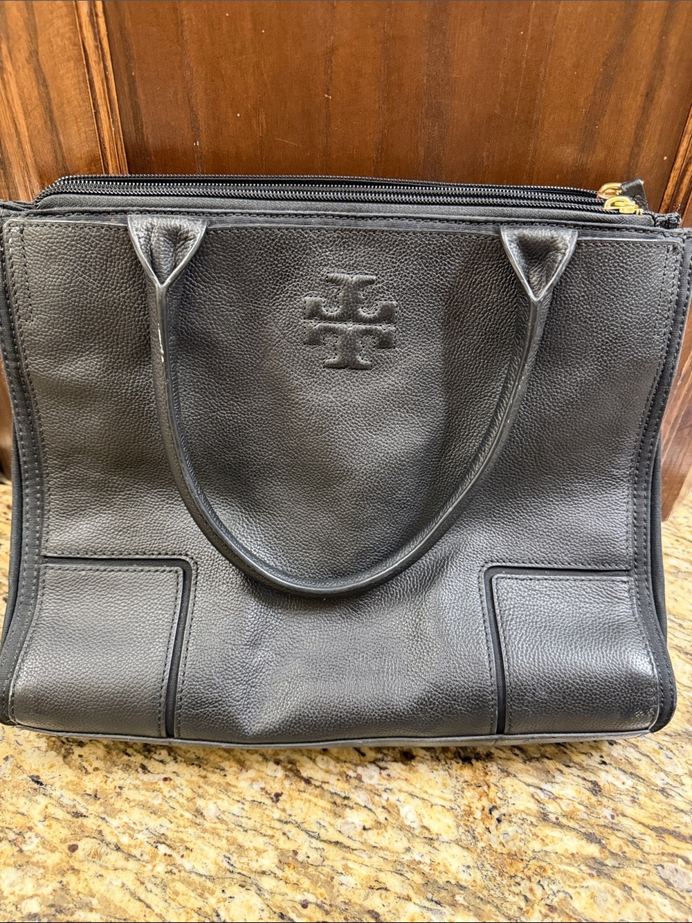 Tory Burch Black Leather Tote with Gold Zipper Accent